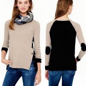 J Crew Tan and Black sweater with side buttons and elbow patches